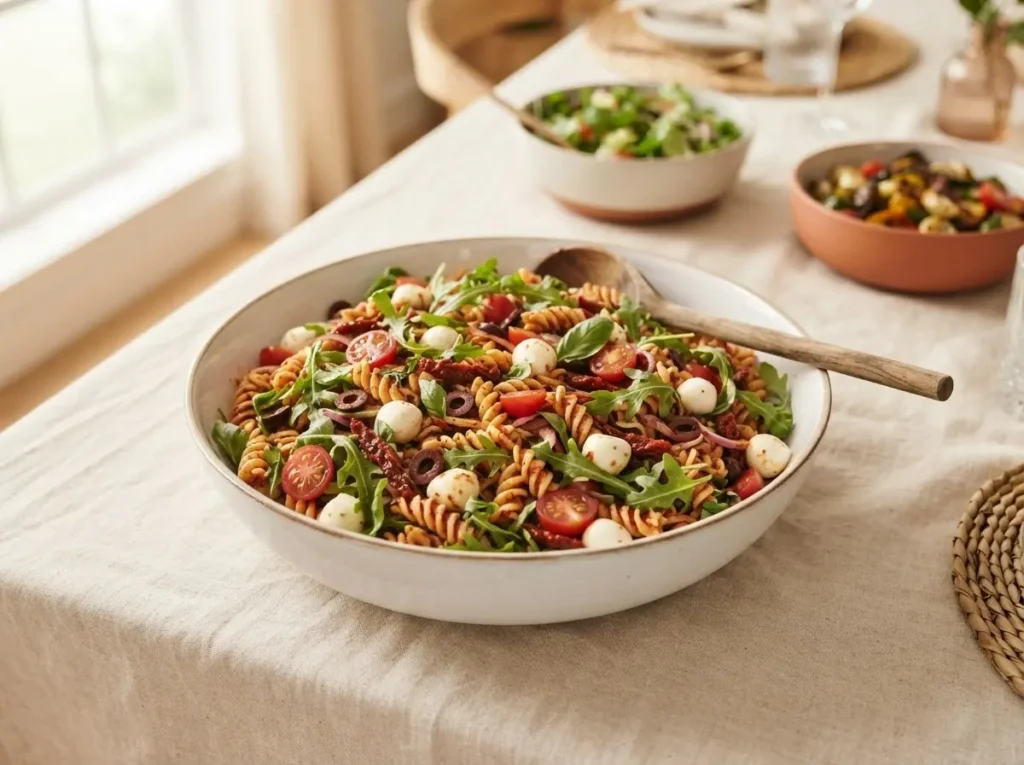 Großer Buffet-Nudelsalat mediterran mit Rucola, Mozzarella und Tomaten, servierbereit für 20 Gäste.