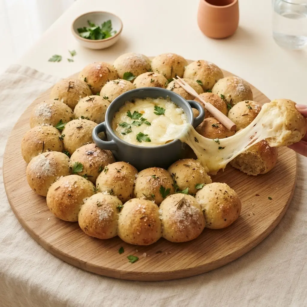 Fertiger Partykranz aus goldbraunen Teigbällchen mit Käsefondue in der Mitte, Käsefaden zieht sich