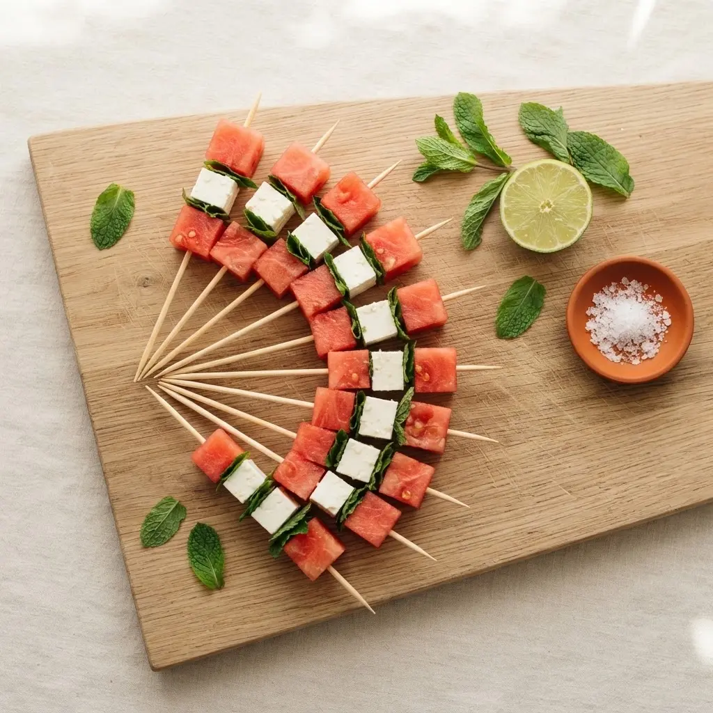 Fertige Melonen-Feta-Spieße auf einer Holzplatte von oben — party-ready Fingerfood für das Sommerbuffet