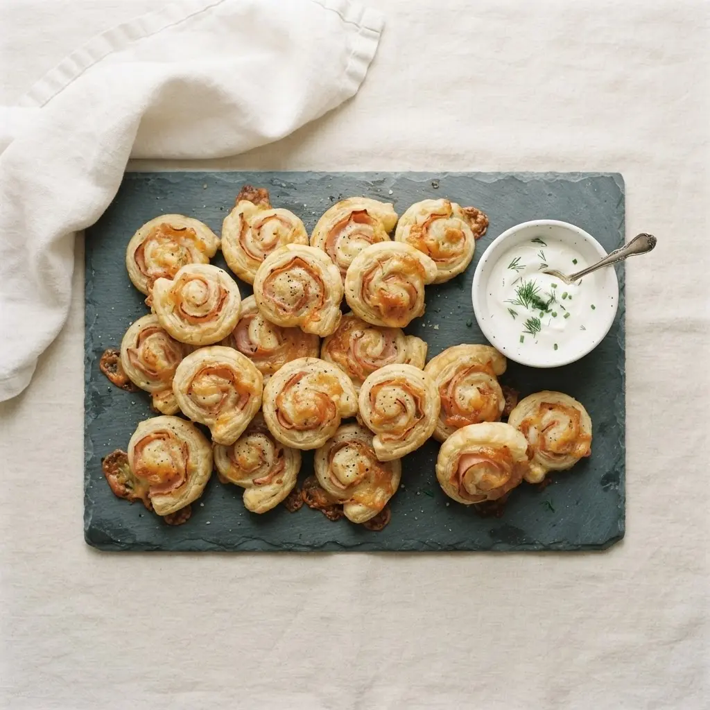 Großes Tablett mit goldbraunen Blätterteig Schinken Käse Schnecken und Dip-Schälchen für das Buffet