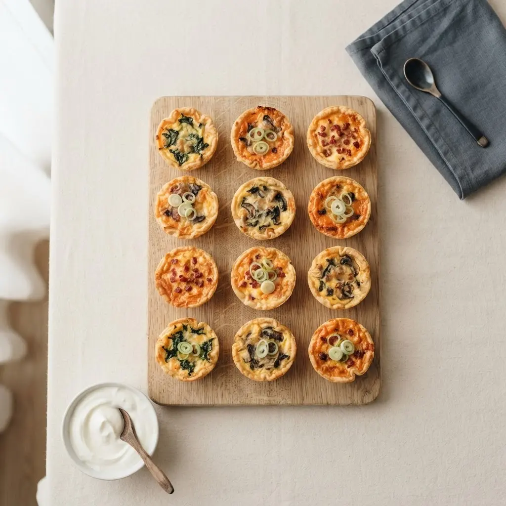 Mini-Quiches à la Flammkuchen auf Holzbrett von oben, Buffet-Anrichte mit Dip-Schälchen daneben