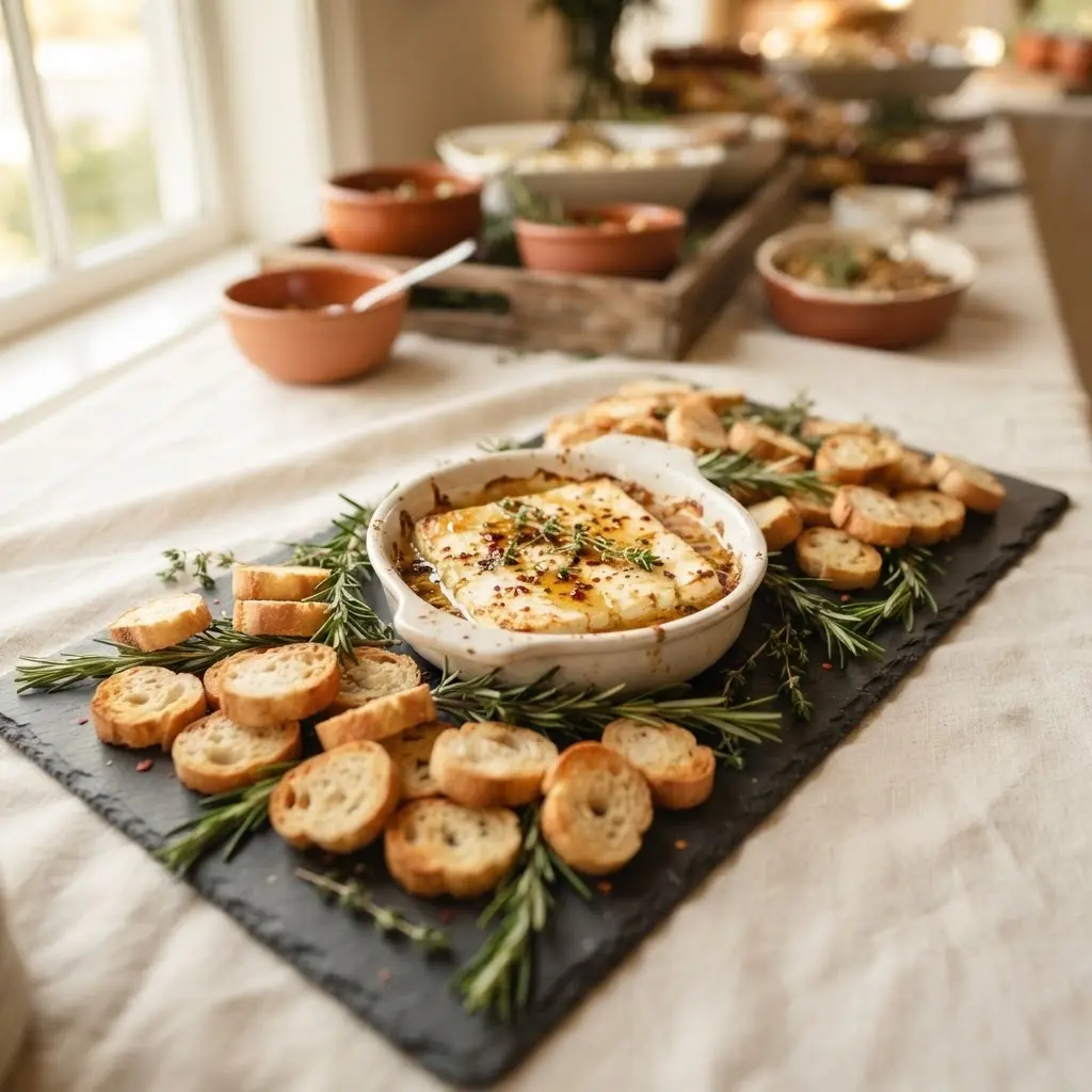 Ofen-Feta mit Honig auf einer Schieferplatte mit Baguette, servierfertig fürs Buffet