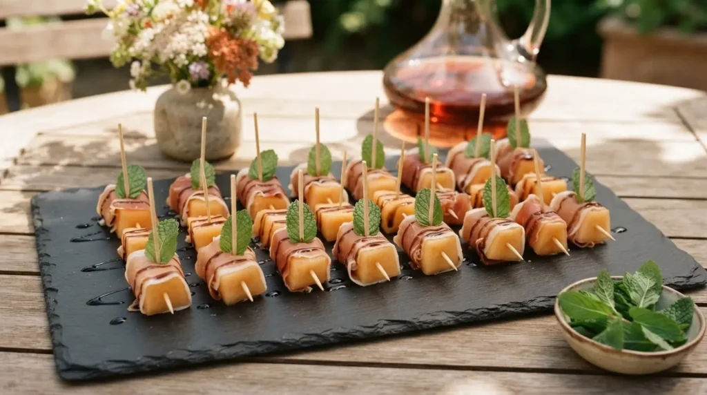 Fertige Schinken-Melonen-Spieße auf Schieferplatte – Spätsommer-Buffet Fingerfood für Gäste