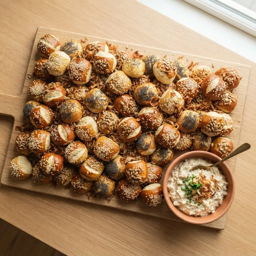 Laugenkonfekt-Platte aus TK-Laugenstangen mit verschiedenen Toppings und Zwiebeldip auf Holzbrett