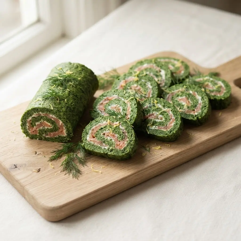 Spinat-Lachs-Rolle mit Frischkäse aufgeschnitten auf hellem Holzservierbrett – Buffetansicht mit grüner Spirale