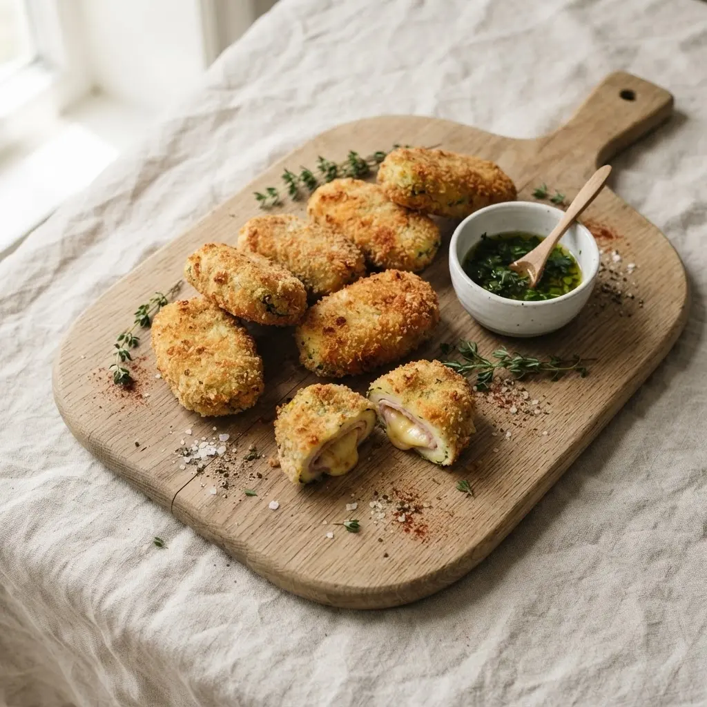 Acht Zucchini-Cordon-Bleus auf Holzbrett für das Buffet, zwei aufgeschnitten mit Käsefüllung