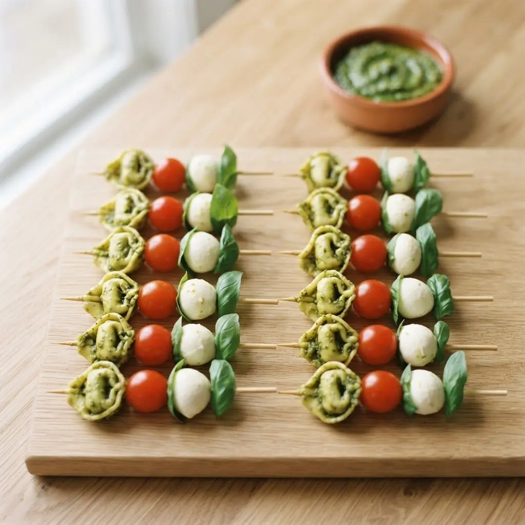 Servierplatte mit vielen Tortellini-Spießen mit Pesto und Mozzarella, bereit fürs Buffet, Vogelperspektive