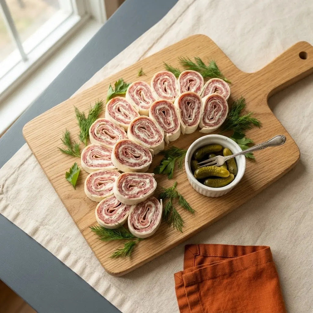 Salami-Frischkäse-Röllchen mit Gewürzgurke auf Holzbrett, aufgeschnitten mit Blick auf die Frischkäsefüllung