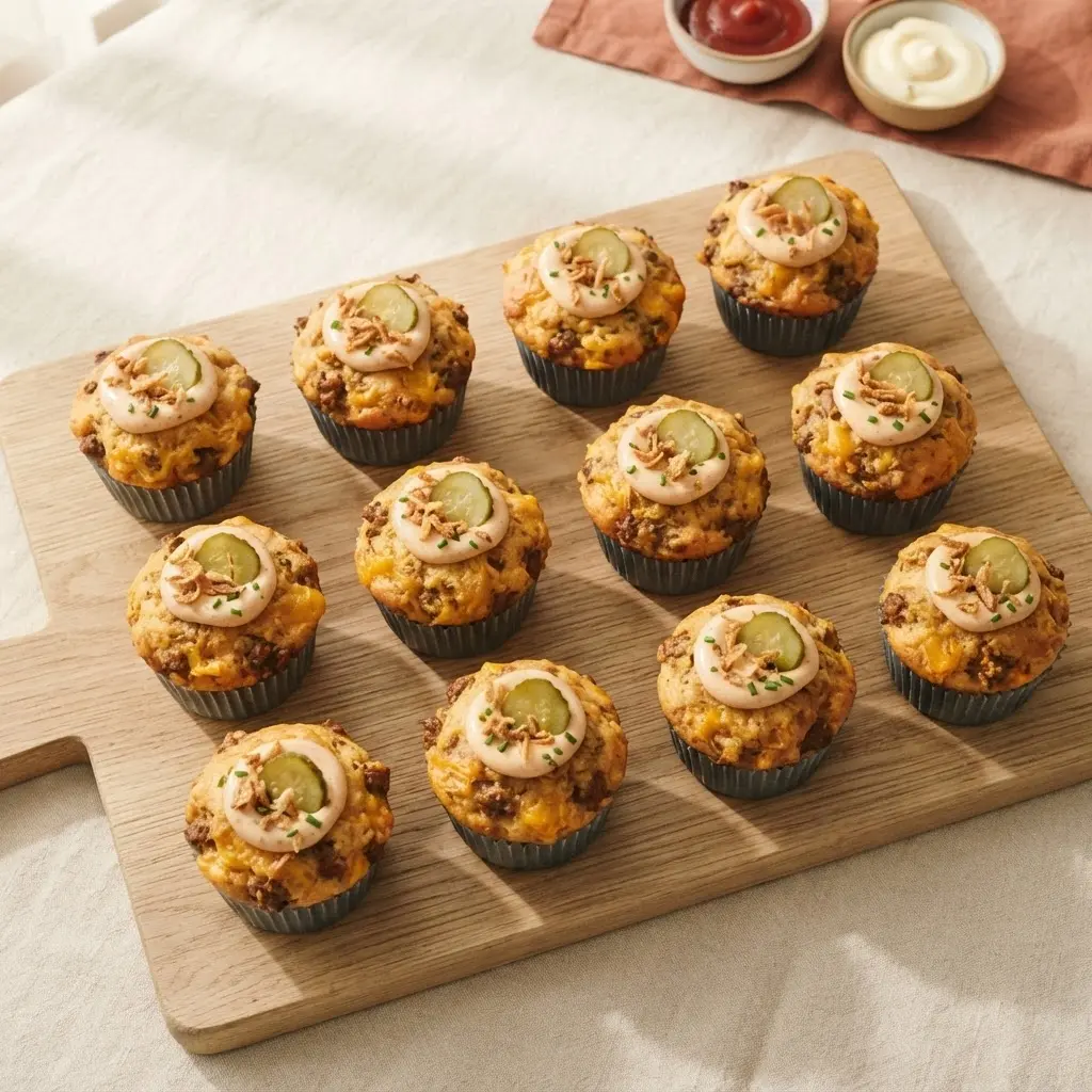 : Zwölf Cheeseburger Muffins mit Pizzateig auf Holzbrett fürs Buffet, getoppt mit Burgersauce und Röstzwiebeln