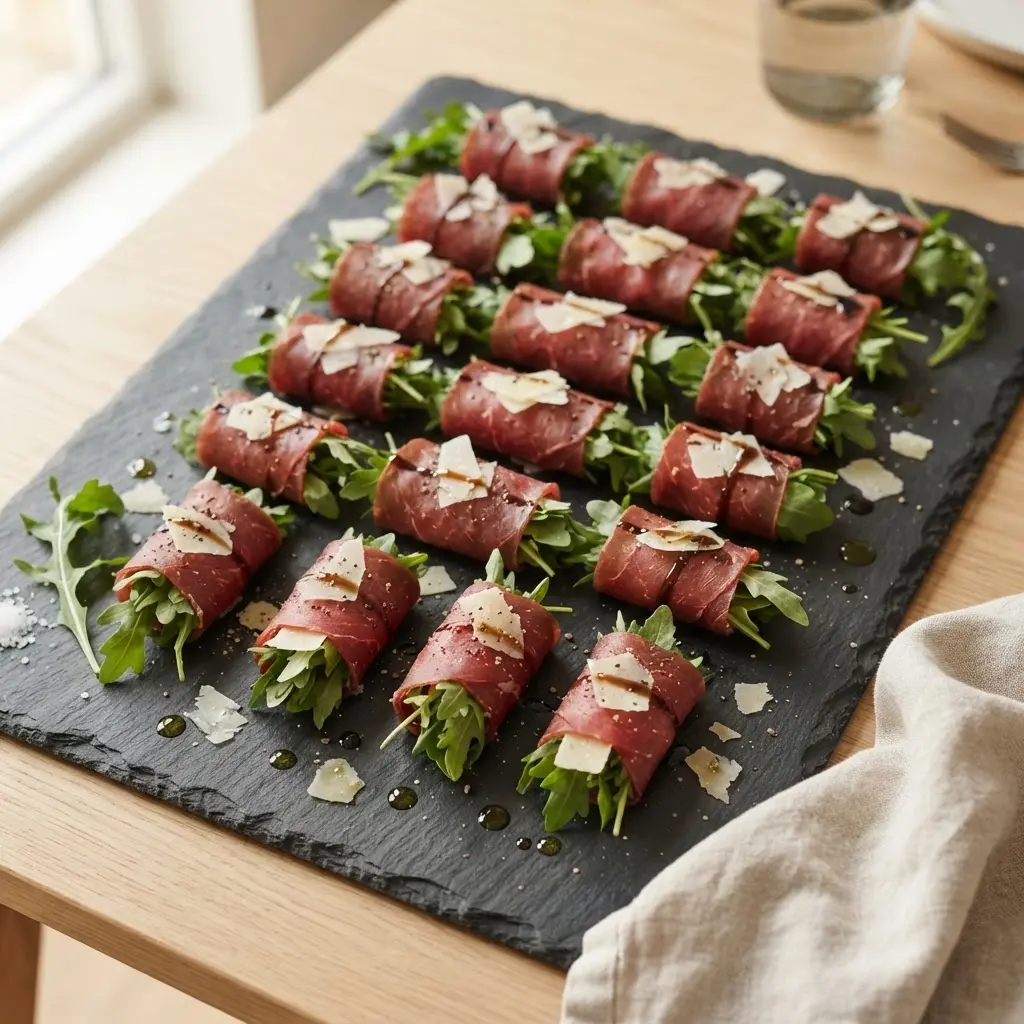 Bresaola Röllchen mit Rucola und Parmesan auf einer hellen Platte, Fingerfood Antipasto