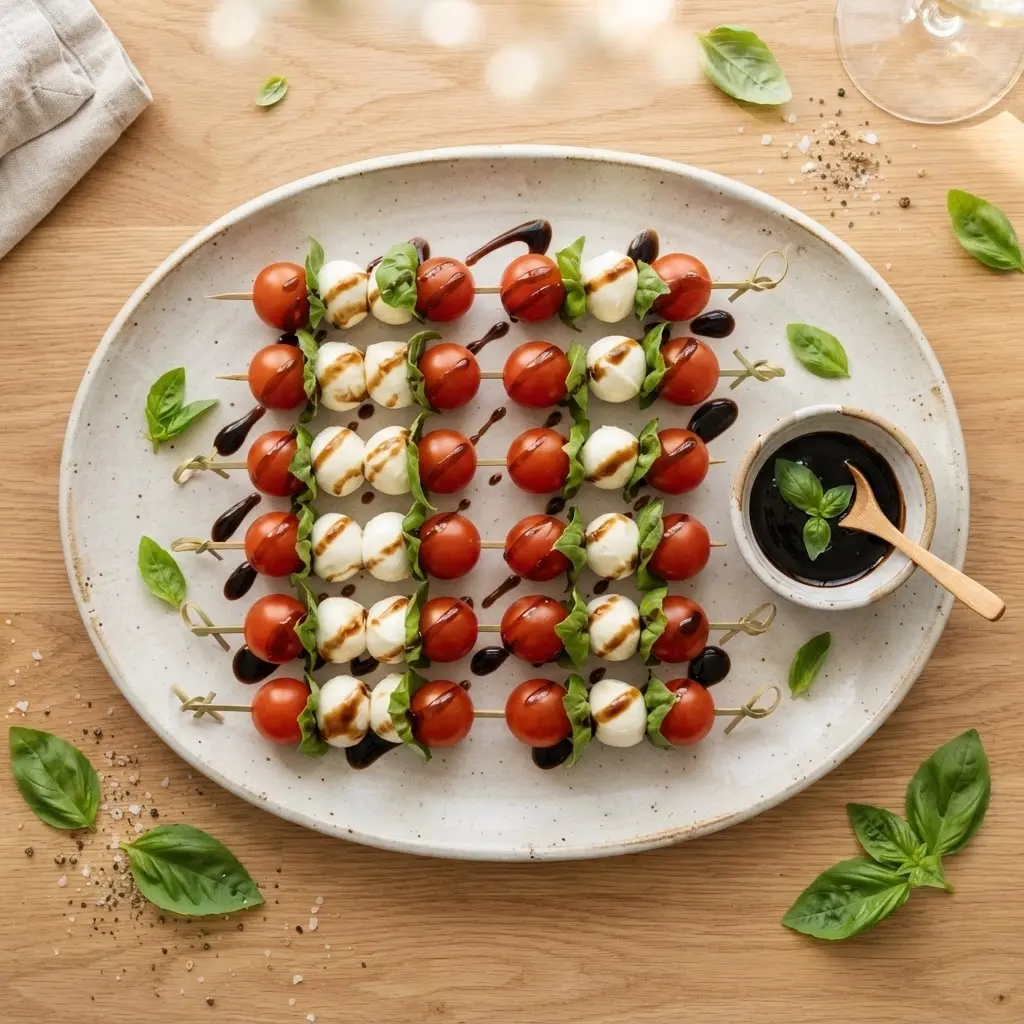 Fertige Caprese-Spieße auf Servierplatte mit Balsamico-Creme und frischem Basilikum, Buffet-Anrichtung