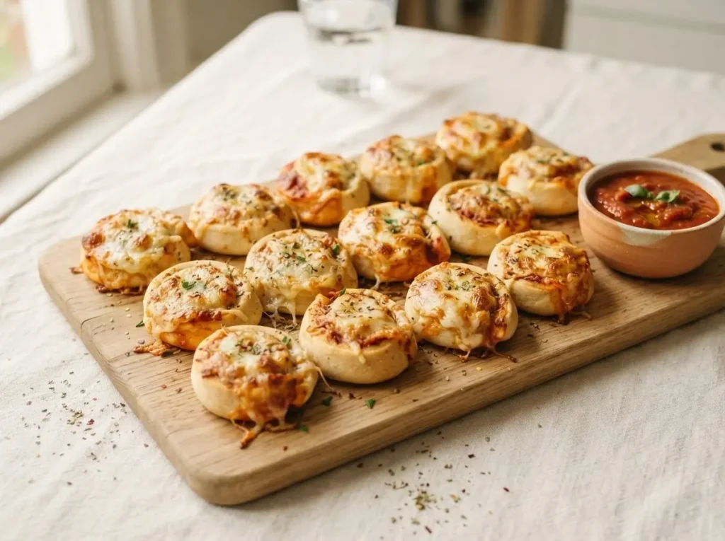 Pizzaschnecken auf Holzplatte als Fingerfood beim Buffet, Käse goldbraun, mit Tomatendip daneben.