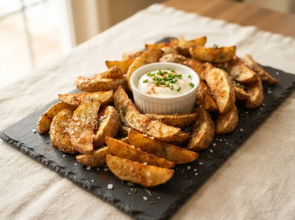 Airfryer-Kartoffelecken auf Schieferboard mit Sour-Cream-Dip in der Mitte, angerichtet als Partybuffet