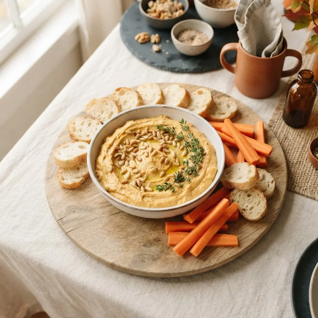 Fertiger Kürbis-Dip mit Frischkäse von oben, mit Pinienkernen, Thymian und Brot auf einem Holzbrett.