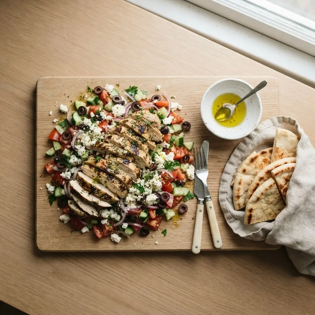 Fertiger griechischer Hähnchenteller Low Carb mit Feta, Oliven, Tomaten auf Holzbrett, Querformat