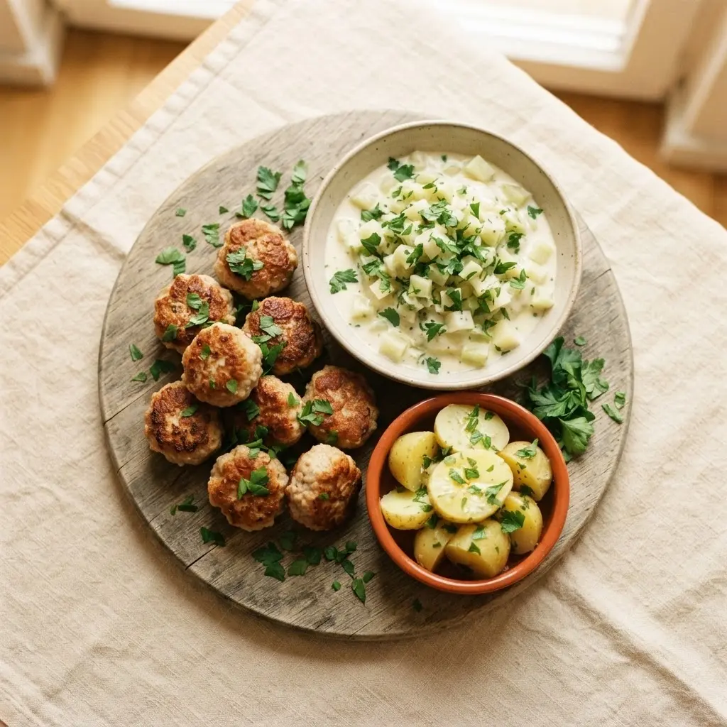 Servierplatte mit Frikadellen, Kohlrabigemüse in heller Soße und Petersilienkartoffeln für das Buffet