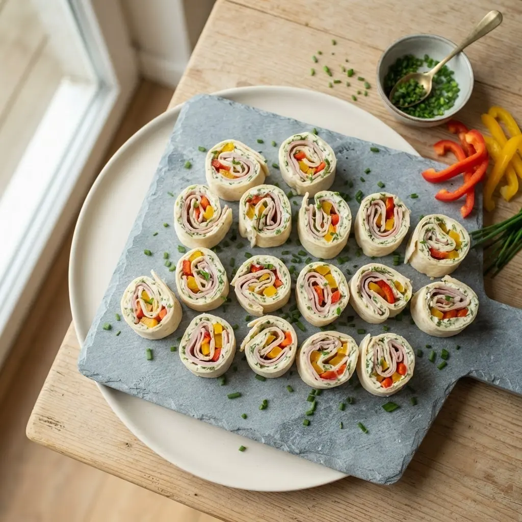  Servierplatte mit ca. 20 bunten Mini-Wrap-Spiralen aus Frischkäse und Paprika – fertige Party-Platte