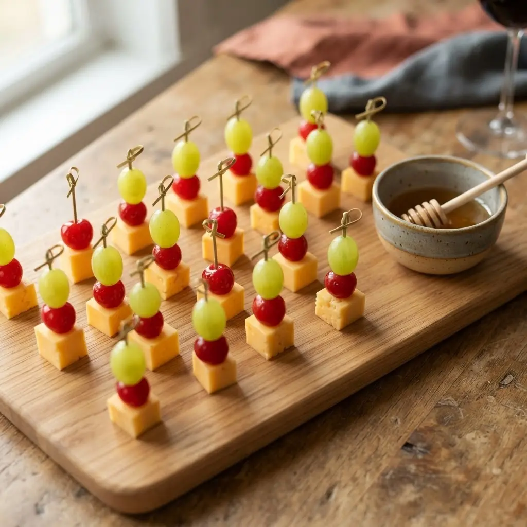 Fertige Käsehäppchen auf Holzplatte — gelber Gouda, rote Cocktailkirschen und grüne Weintrauben