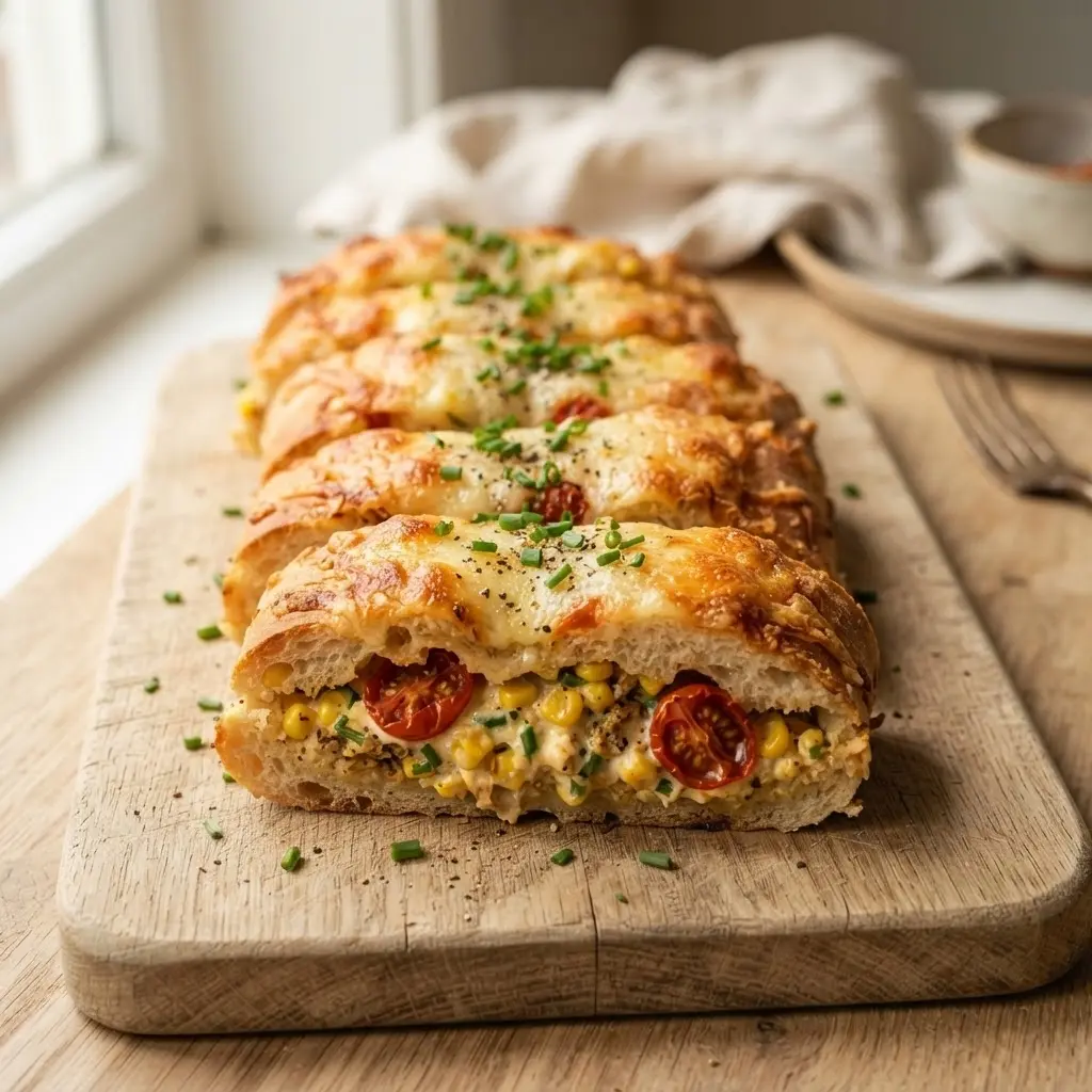 In Scheiben geschnittener Sandwich-Auflauf mit Käse, Tomaten und Schnittlauch auf Holzbrett — fertig zum Servieren