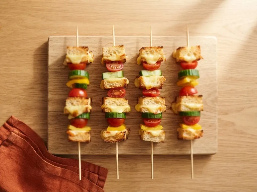 Vier fertige Käse-Brot-Spieße auf einer Holzplatte — buntes Fingerfood für Buffet und Party
