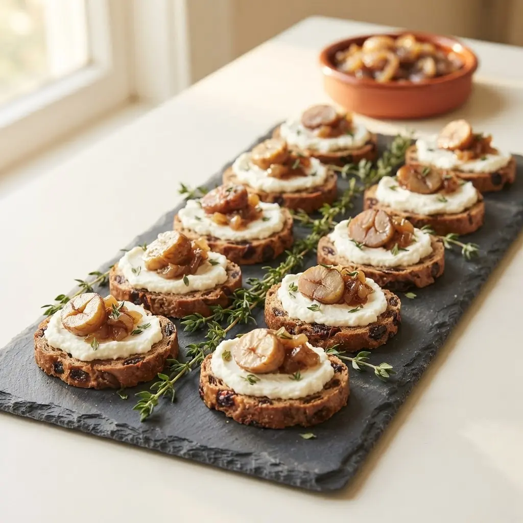 Zwölf Maronen-Häppchen mit Ricotta und Schalotten-Kompott auf einem Schieferbrett, bereit zum Servieren.