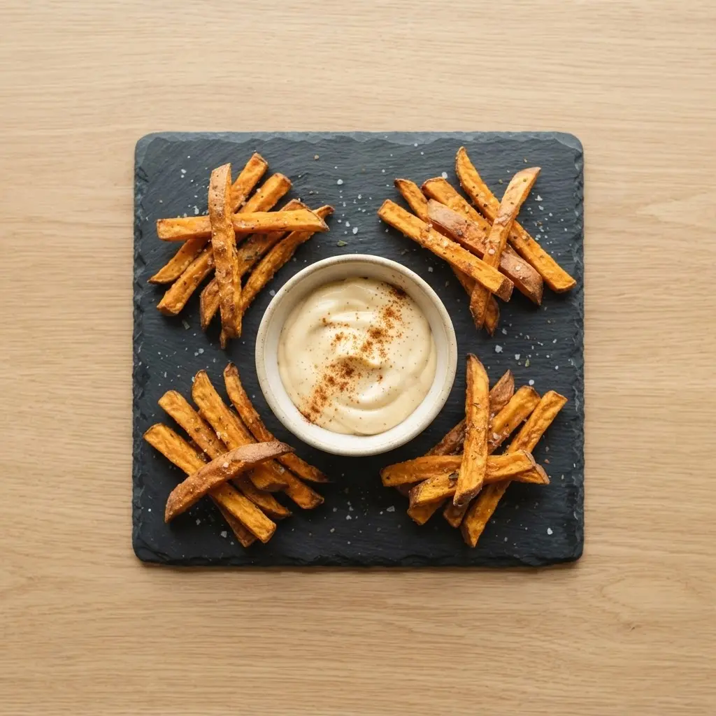 Süßkartoffel-Pommes und Aioli-Dip auf Holzbrett als Buffet-Anrichte, goldbraun aus dem Airfryer