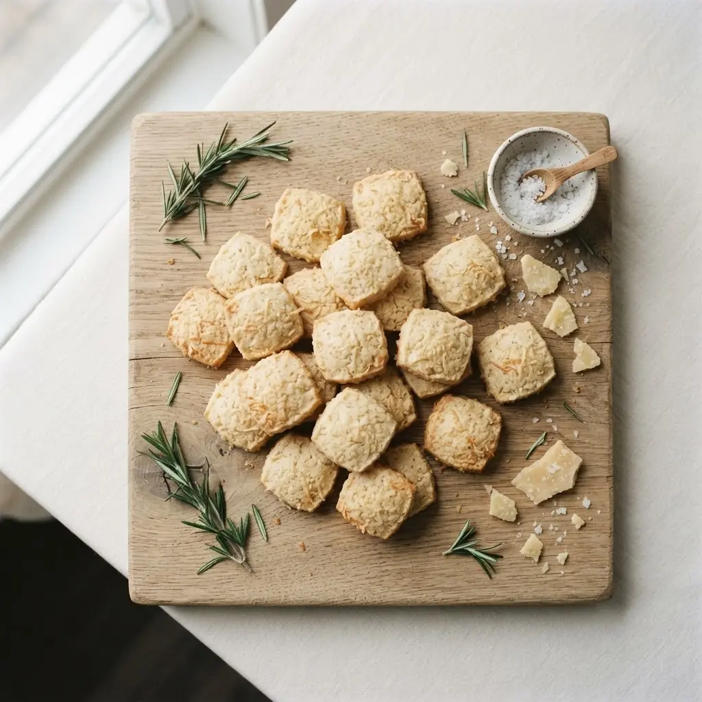 Herzhafte Parmesan-Kekse auf rustikaler Holzplatte von oben, mit Rosmarin und Salzflocken dekoriert