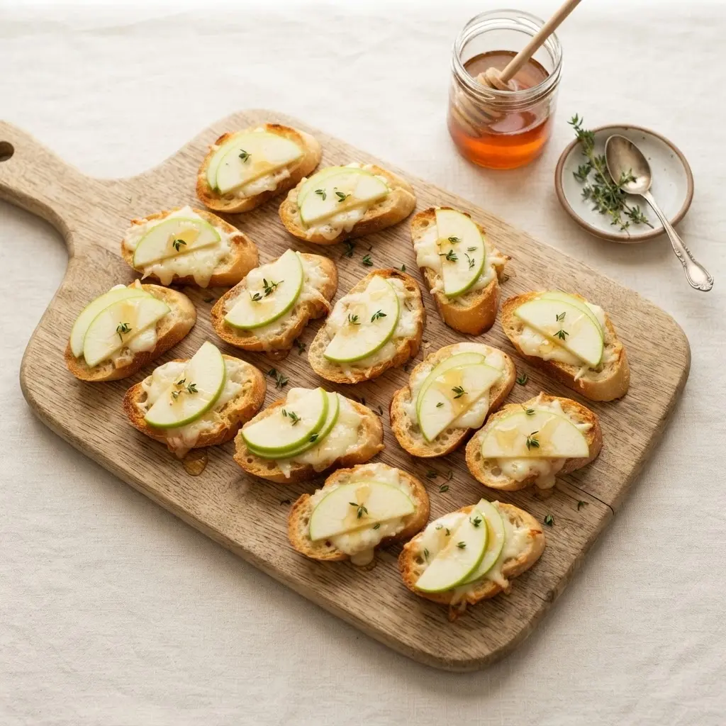 Serviertablett mit vielen Apfel-Cheddar-Crostini, Honigglas und Thymian im Hintergrund