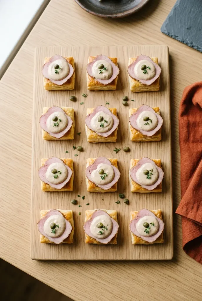Vitello-Tonnato-Häppchen auf Holzplatte von oben, bereit fürs Buffet mit Kapern und Thymian