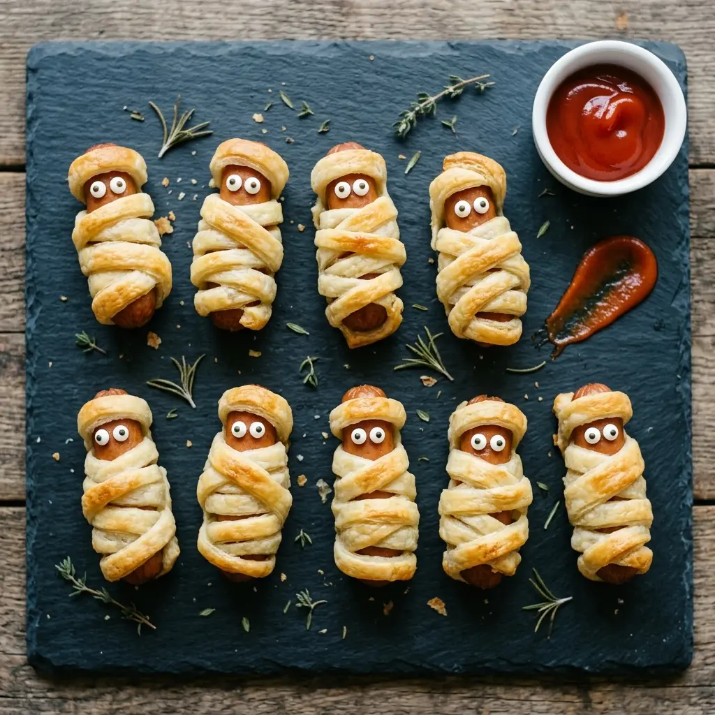 Zehn Mumien-Würstchen im Blätterteig mit Zuckeraugen auf dunklem Schieferbrett für das Halloween-Buffet