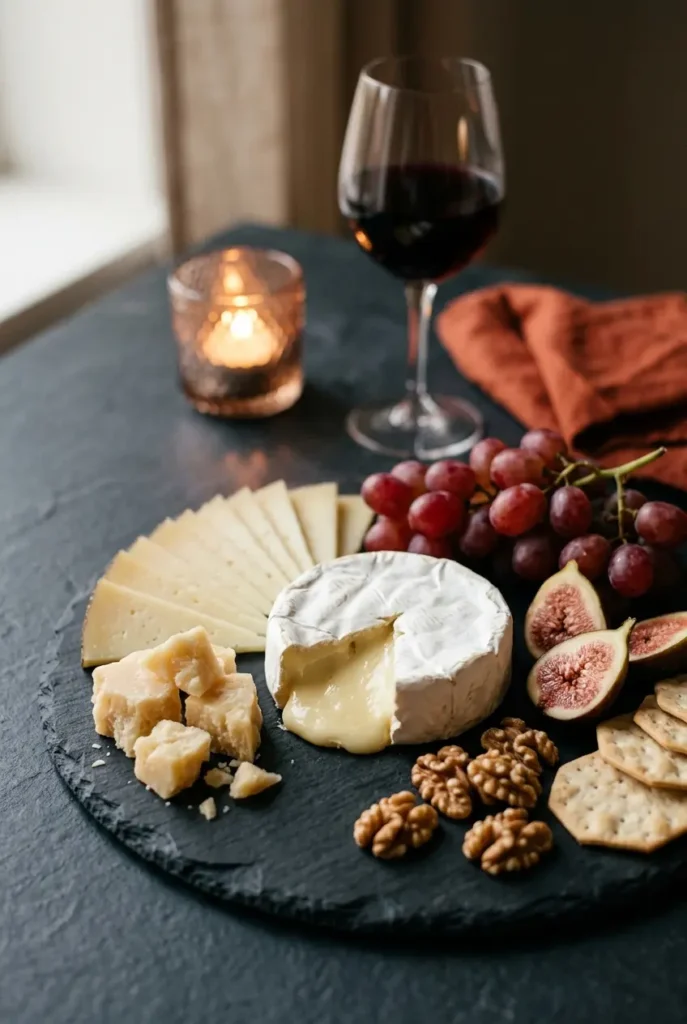 Fertige Rotwein-Käseplatte mit Brie, Gruyère, Trauben und Feigen, dahinter Rotwein-Glas, 16-zu-9-Format
