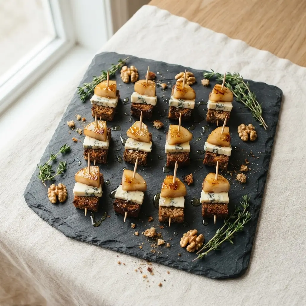 Servierplatte mit zwölf Birne-Gorgonzola-Spießen auf Schiefer, garniert mit Walnüssen und Thymian
