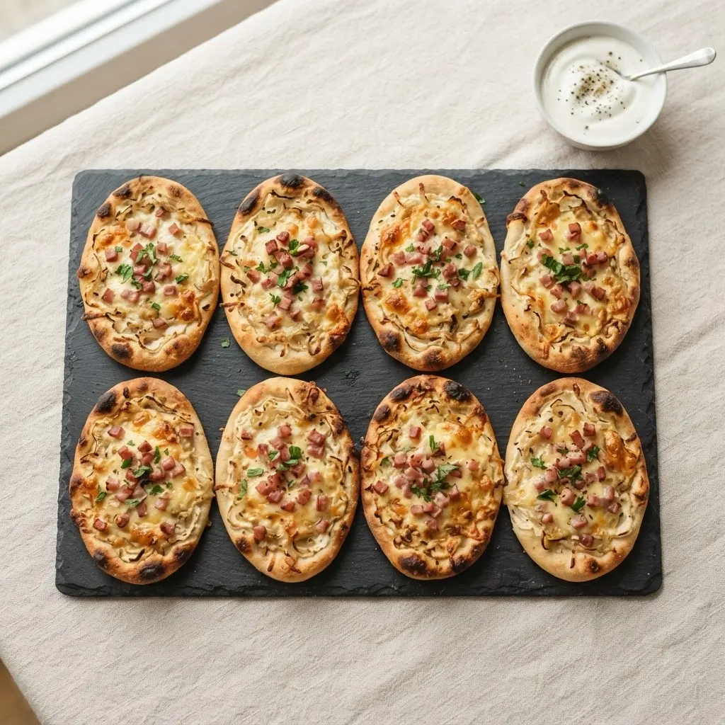 Acht fertig gebackene Mini-Flammkuchen auf Schieferplatte, goldbrauner Käse und Schinken, Draufsicht Buffet