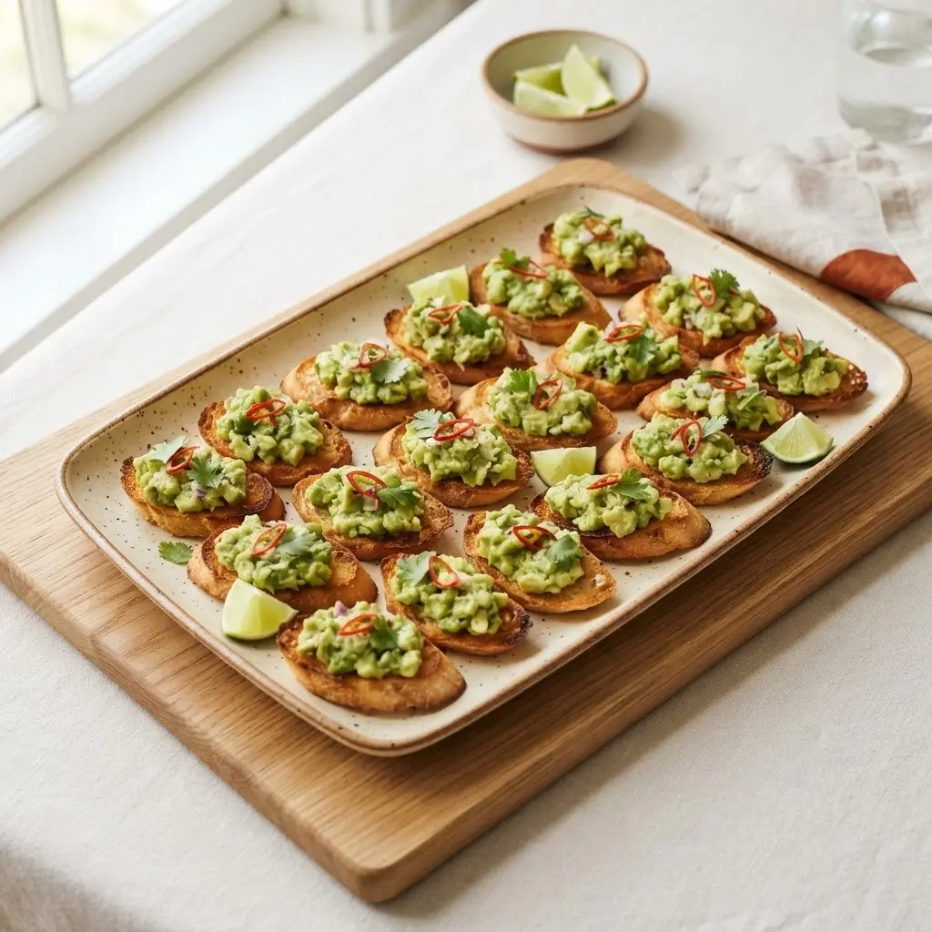 Avocado-Crostini-Platte mit Limette und Chili zum Servieren – Fingerfood für Buffet und Party
