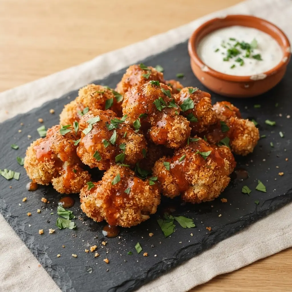 Fünf-Schritte-Infografik: Blumenkohl Wings im Airfryer von Teig bis Buffalo-Sauce