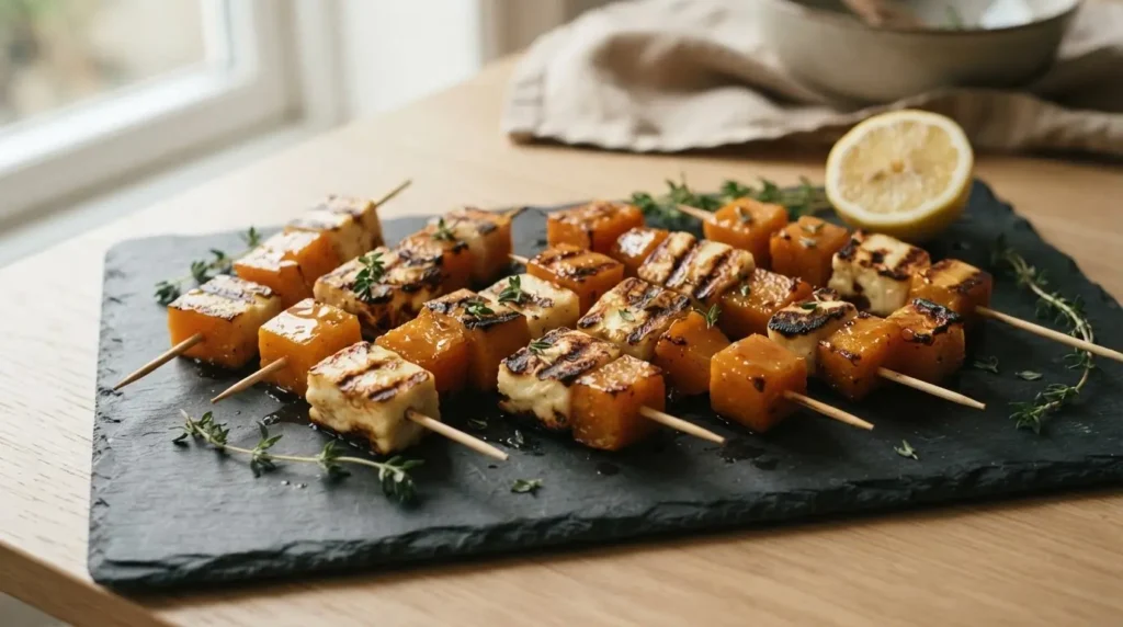 Kürbis-Halloumi-Spieße auf Holzbrett mit Thymian und Zitrone als Herbst-Buffet-Anrichten