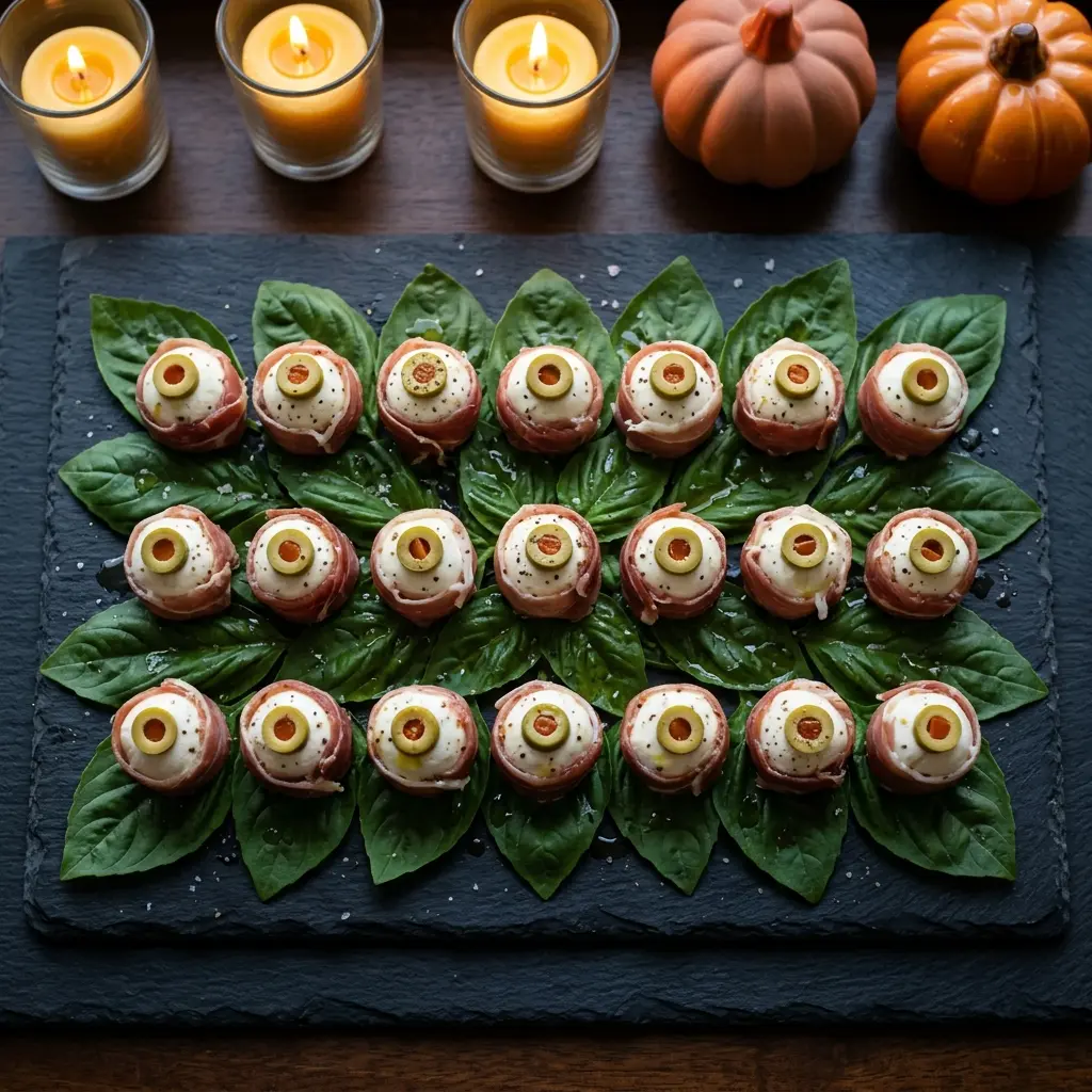 Buffet-Platte mit Halloween Augapfel Fingerfood aus Mozzarella, Prosciutto und grüner Olive.