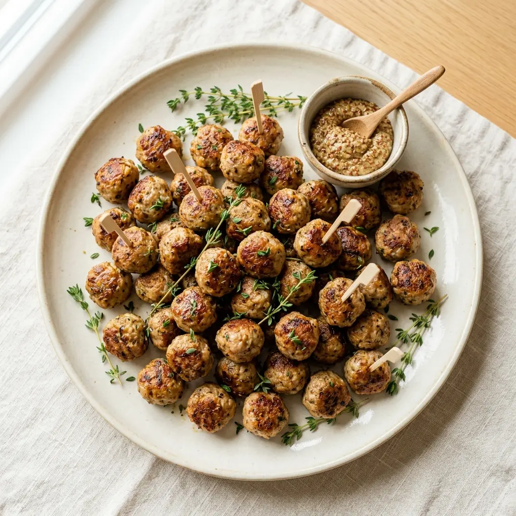 Servierplatte mit goldbraunen Mini-Frikadellen, Holzspießen und Senf-Dip für das Buffet, Draufsicht
