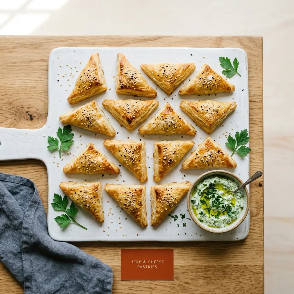 Blätterteigtaschen mit Spinat und Feta auf Holzbrett von oben, mit Kräuterdip daneben