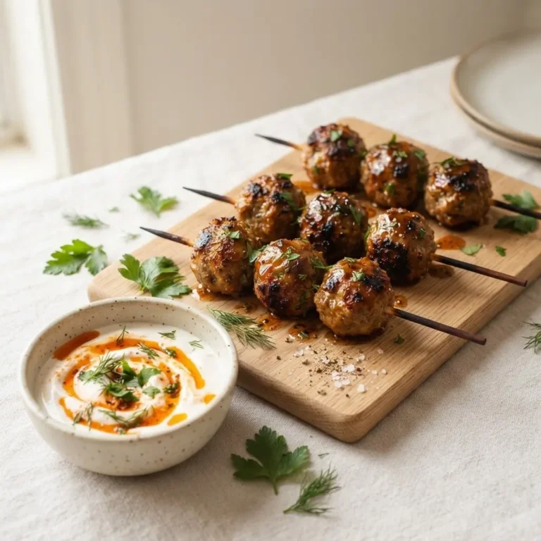 Hackbällchen-Spieße mit würzigem Joghurt-Tomaten-Dip auf hellem Holzbrett, Fingerfood für Party und Buffet.