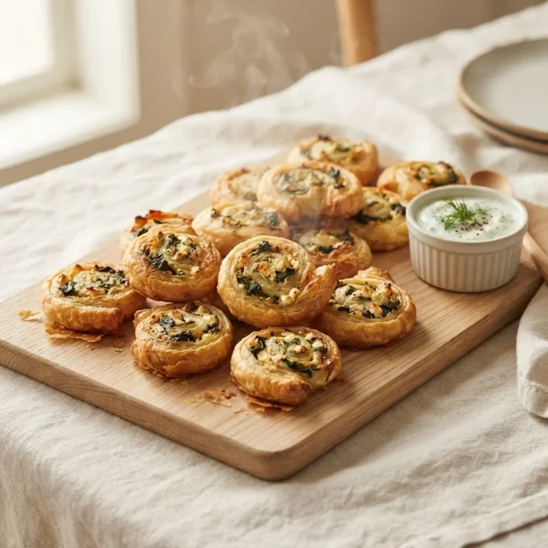 Blätterteig Spinat Feta Schnecken goldbraun gebacken auf Holzbrett, herzhaftes Fingerfood