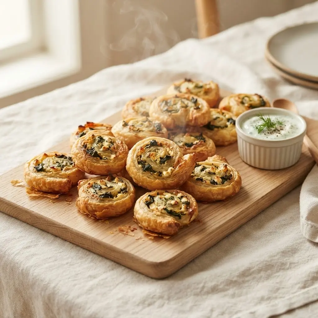 Blätterteig Spinat Feta Schnecken goldbraun gebacken auf Holzbrett, herzhaftes Fingerfood
