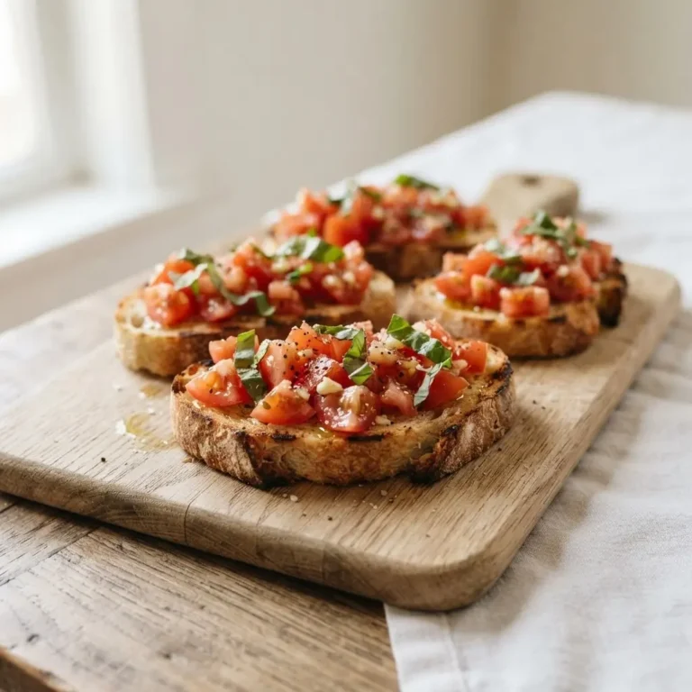 Bruschetta Classica mit Tomaten und Basilikum auf knusprigem Baguette, auf hellem Holzbrett serviert