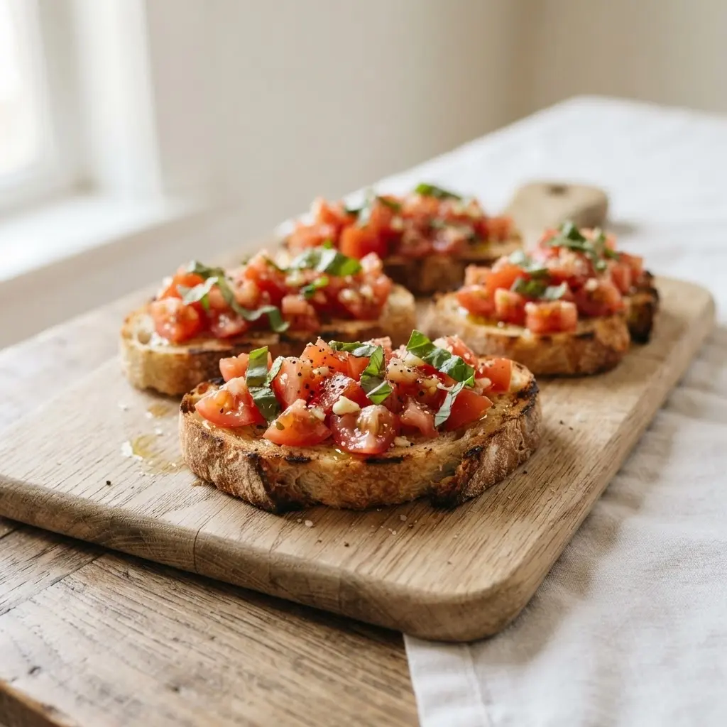 Bruschetta Classica mit Tomaten und Basilikum auf knusprigem Baguette, auf hellem Holzbrett serviert