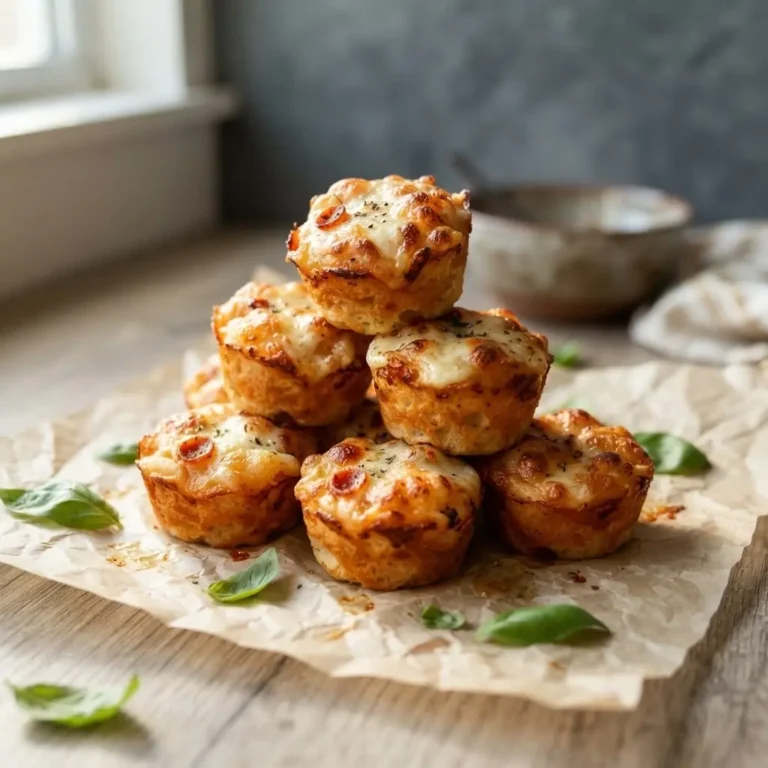 Goldbraune Mini-Pizza-Muffins auf Backpapier gestapelt, mit Käsekruste und frischem Basilikum
