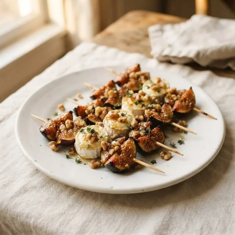 Feigen-Ziegenkäse-Spieße mit Honig und Walnüssen auf weißem Keramikteller, Herbst-Fingerfood
