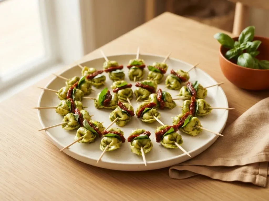 Tortellini-Spieße mit Pesto auf Servierteller – einfaches Fingerfood für Partys