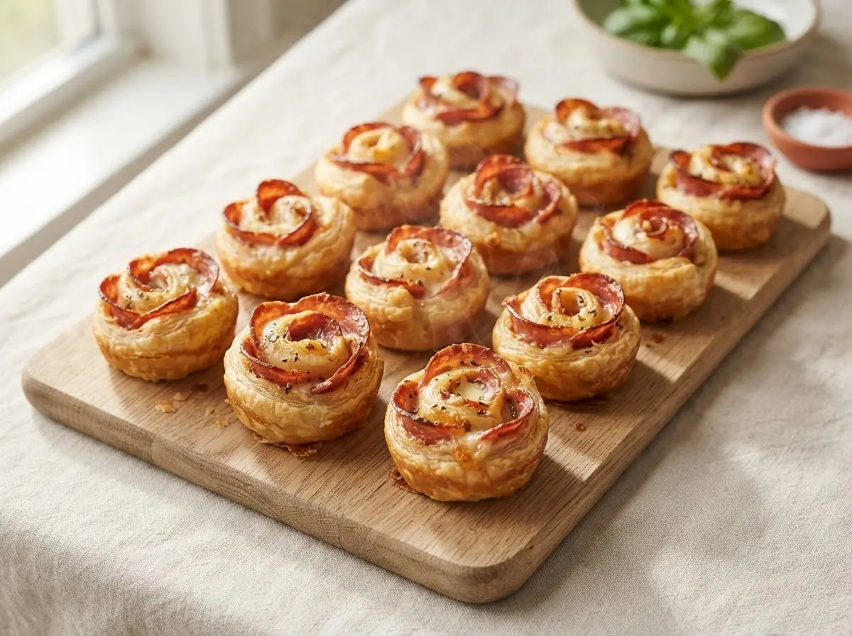 Pizza-Rosen aus Blätterteig mit Salami auf Holzbrett – knuspriges Fingerfood