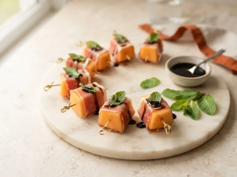 Prosciutto-Melonen-Röllchen auf Marmorplatte – elegantes Sommerfingerfood