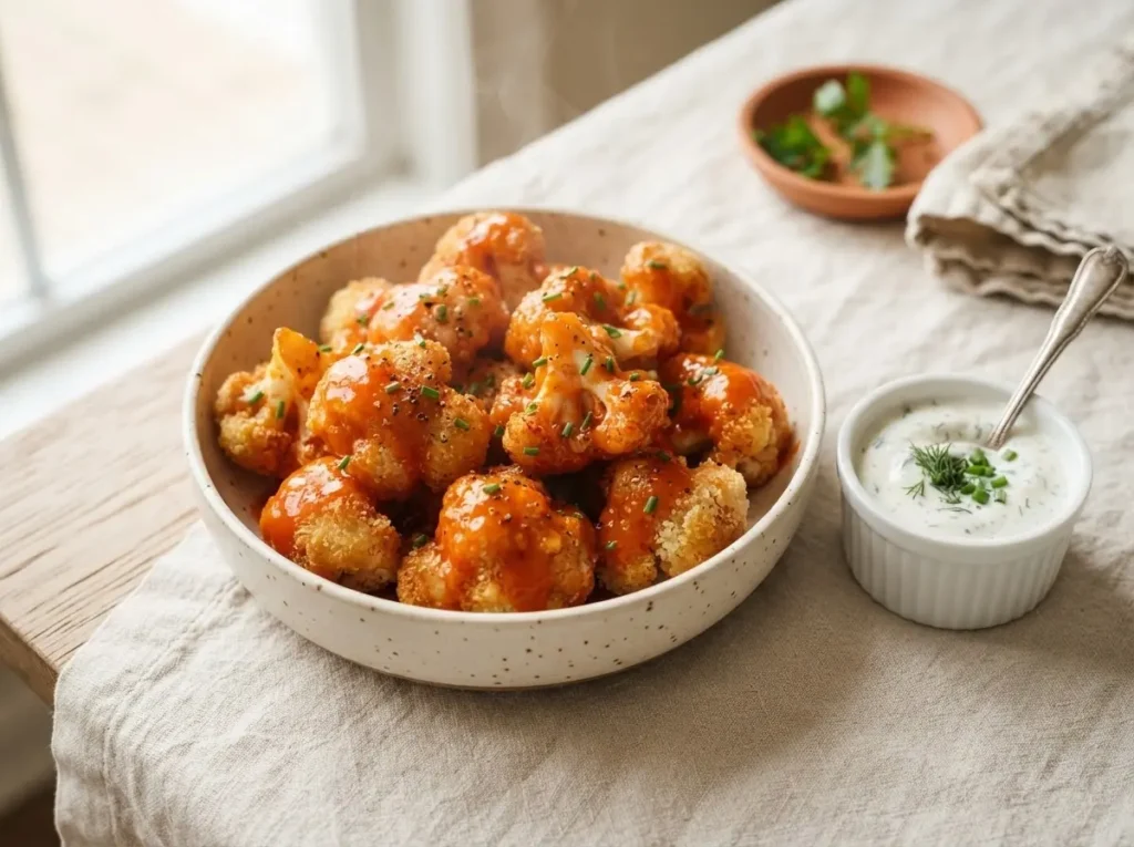 Blumenkohl-Wings aus dem Ofen in Keramikschüssel – knusprig, saucig, vegetarisch